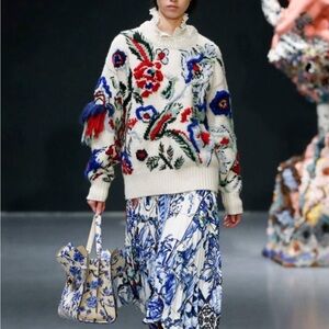 Tory Burch Floral Intarsia Hand Knit Embroidered Wool Alpaca Pullover Sweater S